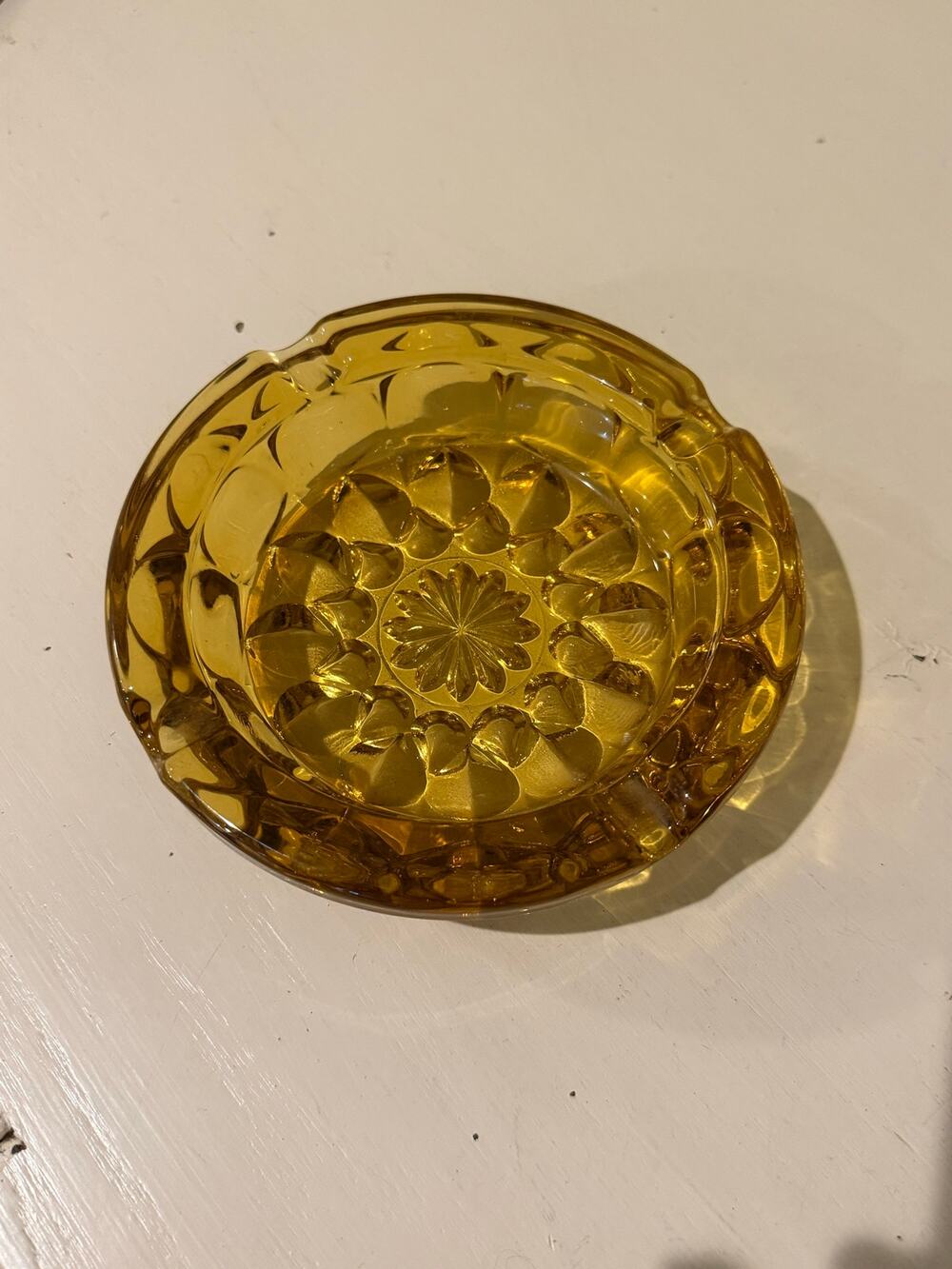 Vintage Amber Glass Ashtray Mid Century Modern Starburst Thumbprint Trinket Dish